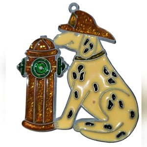 Vntg Handmade Stained Glass Fire Dept Dog Fireman's Hat Fire Hydrant Suncatcher